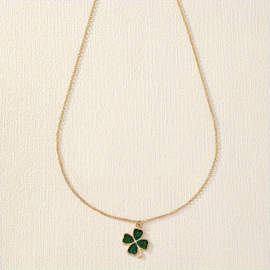 1pc Four-Leaf Clover Necklace for Men & Women - Golden-Tone Metal with Green Enamel Detailing, Unisex Birthday Anniversary Gift Jewelry for Him Her, Dainty Layering Pendant for Casual Attire, Pendant Necklace, Elegant Accesso