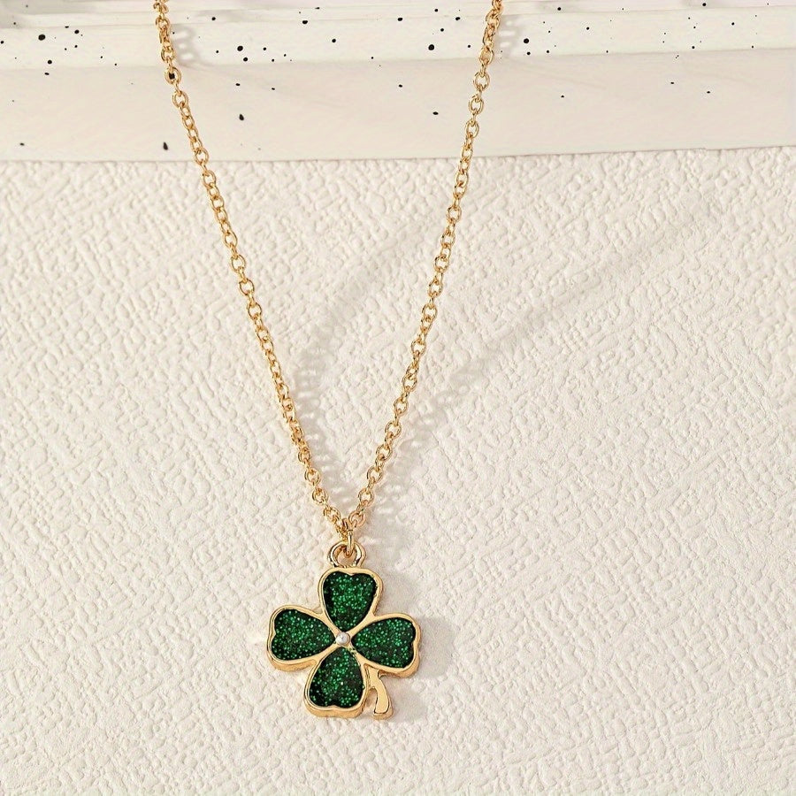 1pc Four-Leaf Clover Necklace for Men & Women - Golden-Tone Metal with Green Enamel Detailing, Unisex Birthday Anniversary Gift Jewelry for Him Her, Dainty Layering Pendant for Casual Attire, Pendant Necklace, Elegant Accesso