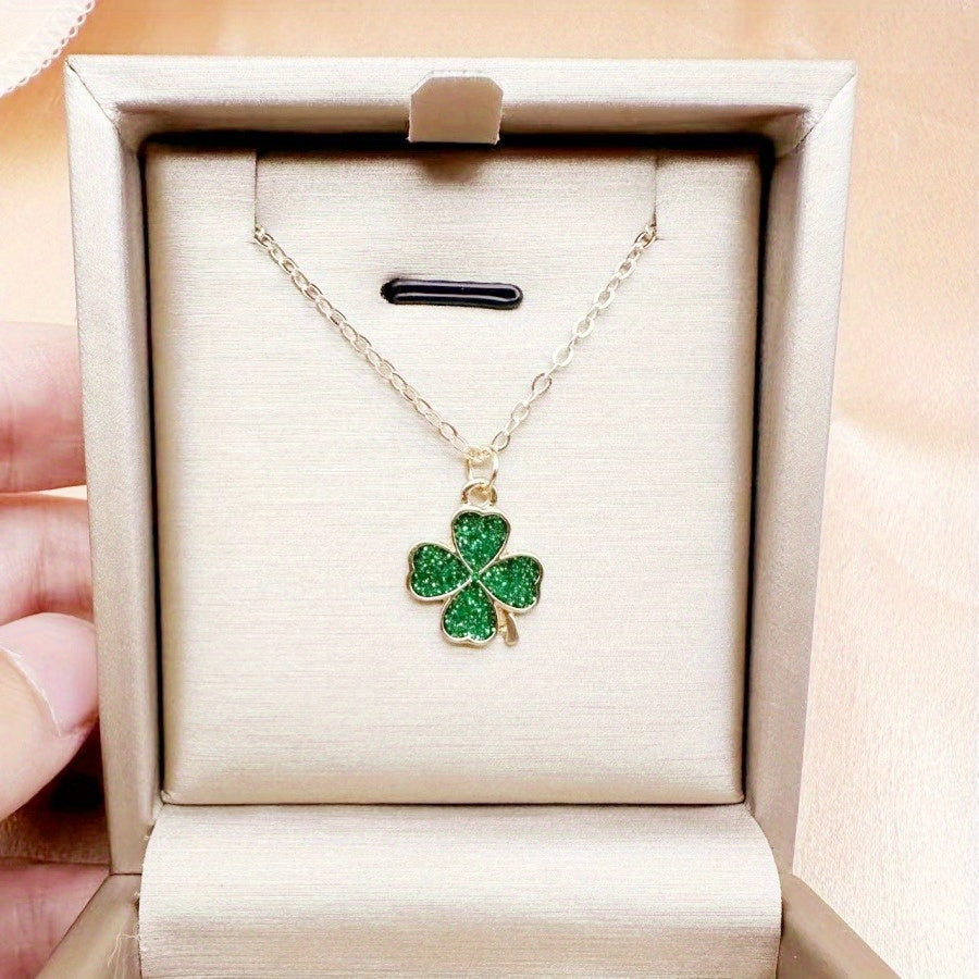 1pc Four-Leaf Clover Necklace for Men & Women - Golden-Tone Metal with Green Enamel Detailing, Unisex Birthday Anniversary Gift Jewelry for Him Her, Dainty Layering Pendant for Casual Attire, Pendant Necklace, Elegant Accesso