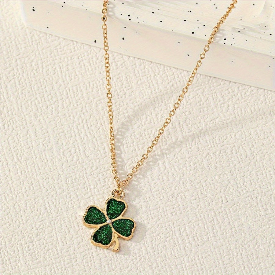 1pc Four-Leaf Clover Necklace for Men & Women - Golden-Tone Metal with Green Enamel Detailing, Unisex Birthday Anniversary Gift Jewelry for Him Her, Dainty Layering Pendant for Casual Attire, Pendant Necklace, Elegant Accesso