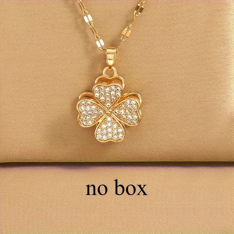 1pc Stainless Steel Four-Leaf Clover Necklace with Accents - Bohemian Style Golden-Tone Chain, Unisex Jewelry for Men & Women, Casual Attire & Holiday Gifts (Christmas, Halloween)