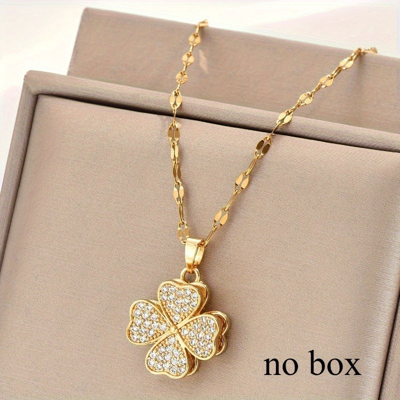 1pc Stainless Steel Four-Leaf Clover Necklace with Accents - Bohemian Style Golden-Tone Chain, Unisex Jewelry for Men & Women, Casual Attire & Holiday Gifts (Christmas, Halloween)