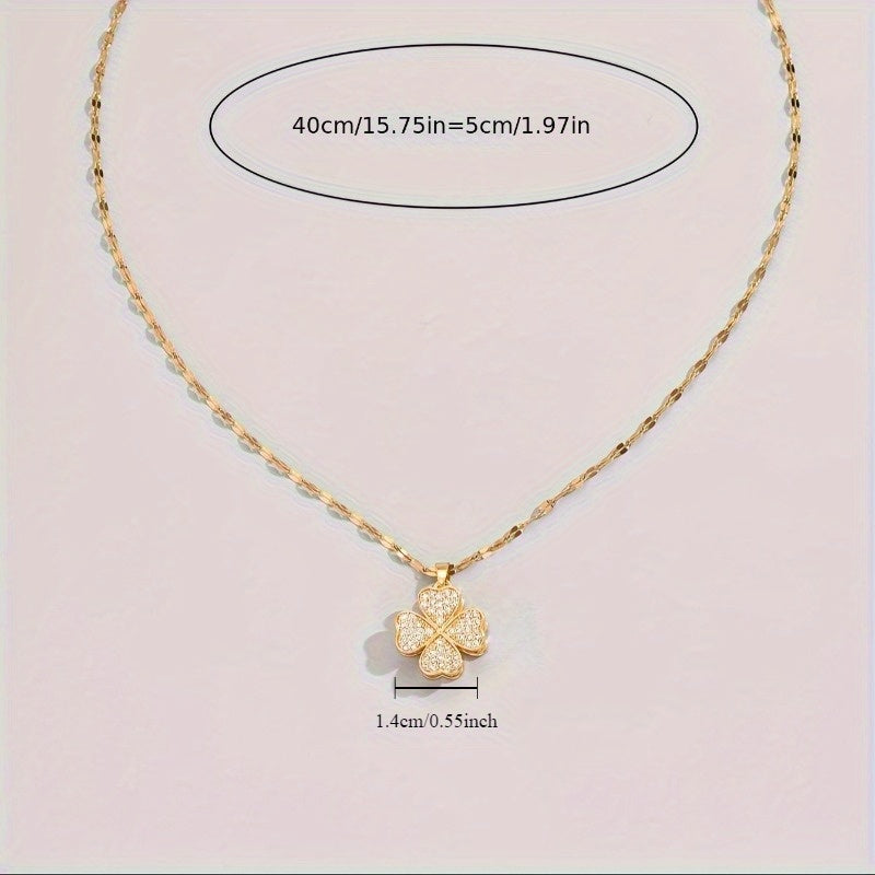1pc Stainless Steel Four-Leaf Clover Necklace with Accents - Bohemian Style Golden-Tone Chain, Unisex Jewelry for Men & Women, Casual Attire & Holiday Gifts (Christmas, Halloween)