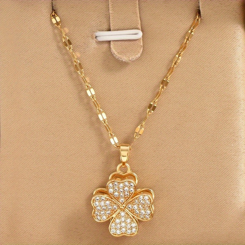 1pc Stainless Steel Four-Leaf Clover Necklace with Accents - Bohemian Style Golden-Tone Chain, Unisex Jewelry for Men & Women, Casual Attire & Holiday Gifts (Christmas, Halloween)