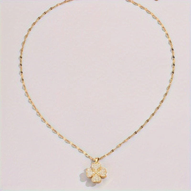 1pc Stainless Steel Four-Leaf Clover Necklace with Accents - Bohemian Style Golden-Tone Chain, Unisex Jewelry for Men & Women, Casual Attire & Holiday Gifts (Christmas, Halloween)