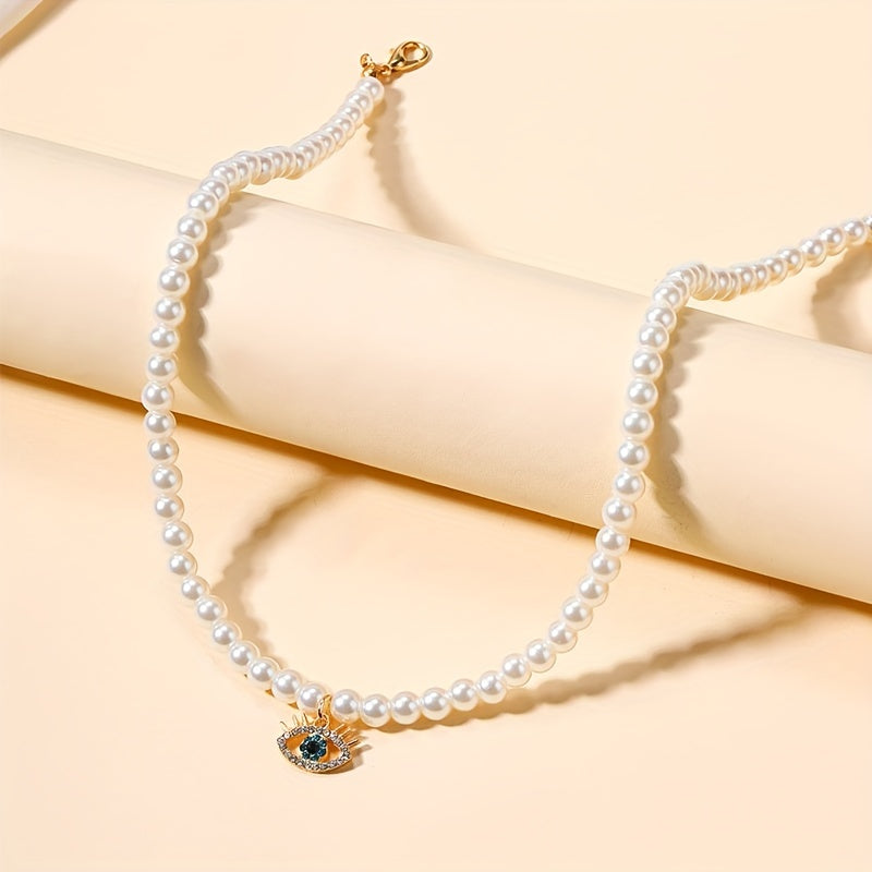 Rhinestone Decor Devil's Eye Pendant Necklace Faux Pearl Necklace Clavicle Chain Jewelry For Women Gifts