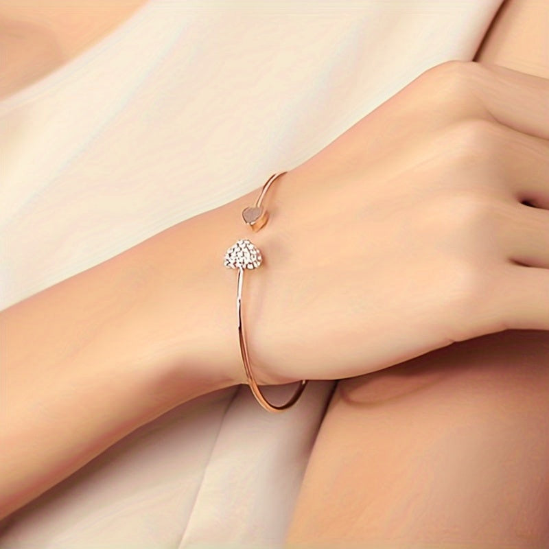1pc, Exquisite Double Peach Heart Rhinestone Bangle - Beautiful Jewelry for Friends, Birthdays, Parties, Holidays, and Mother's Day, Perfect Gift for Loved Ones