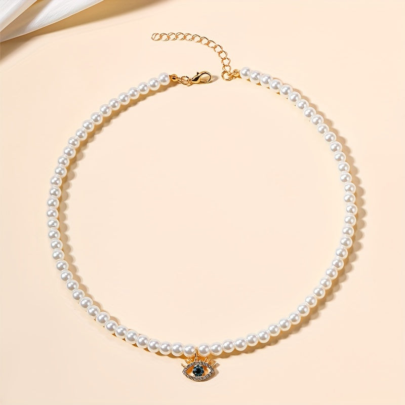 Rhinestone Decor Devil's Eye Pendant Necklace Faux Pearl Necklace Clavicle Chain Jewelry For Women Gifts