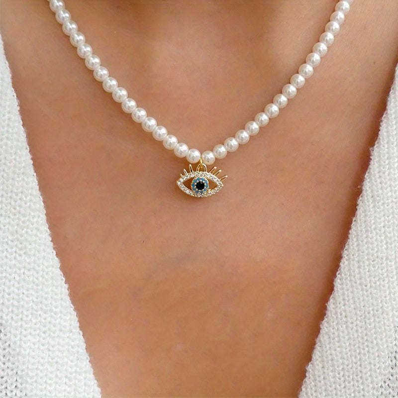 Rhinestone Decor Devil's Eye Pendant Necklace Faux Pearl Necklace Clavicle Chain Jewelry For Women Gifts
