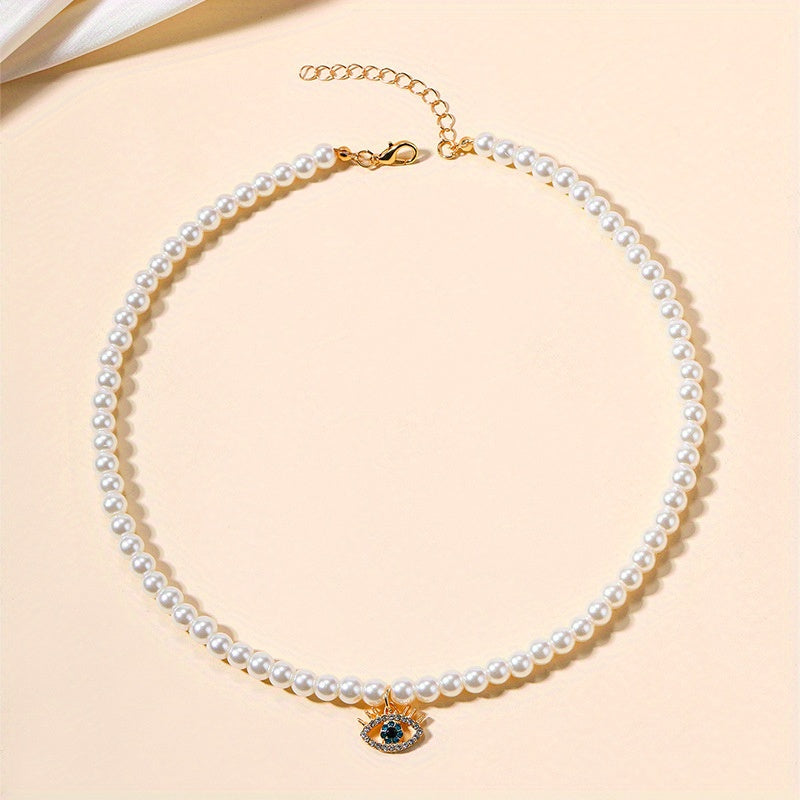 Rhinestone Decor Devil's Eye Pendant Necklace Faux Pearl Necklace Clavicle Chain Jewelry For Women Gifts