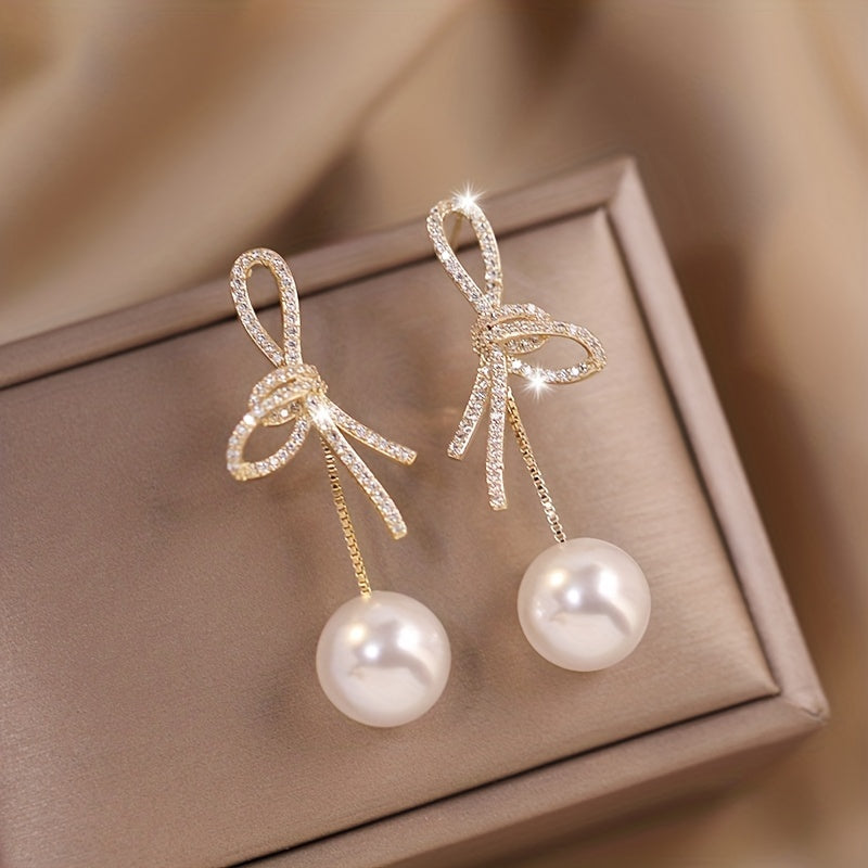Delicate Faux Pearl Pendant Dangle Earrings - Drop & Dangle Jewelry with Shiny Zirconia, Elegant Sexy Style, and Knot Design - Perfect Gift for Women and Girls