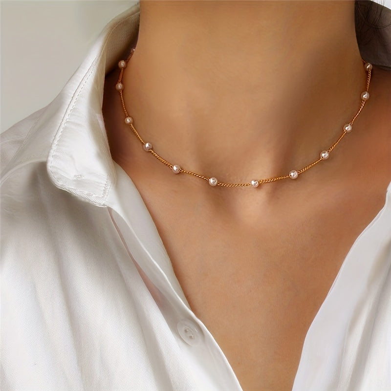Delicate Faux Pearl Stainless Steel Clavicle Chain Collarbone Chain Neck Jewelry
