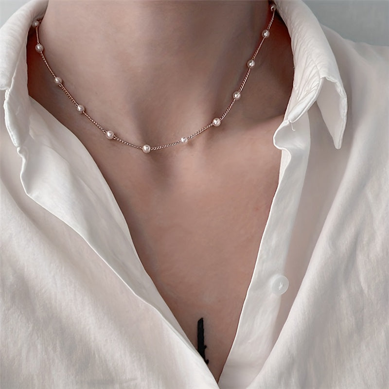 Delicate Faux Pearl Stainless Steel Clavicle Chain Collarbone Chain Neck Jewelry
