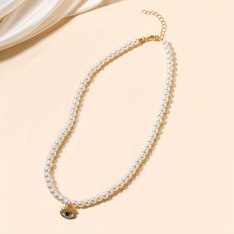 Rhinestone Decor Devil's Eye Pendant Necklace Faux Pearl Necklace Clavicle Chain Jewelry For Women Gifts