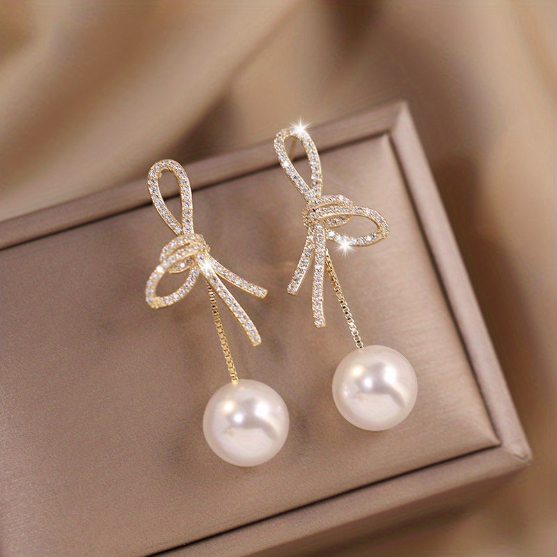 Delicate Faux Pearl Pendant Dangle Earrings - Drop & Dangle Jewelry with Shiny Zirconia, Elegant Sexy Style, and Knot Design - Perfect Gift for Women and Girls