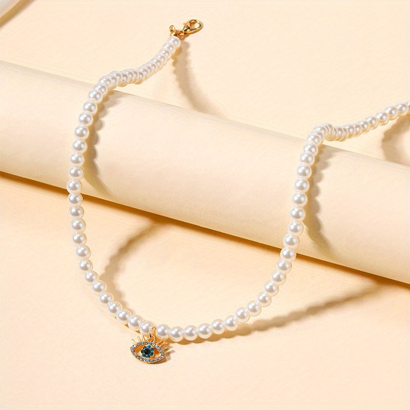 Rhinestone Decor Devil's Eye Pendant Necklace Faux Pearl Necklace Clavicle Chain Jewelry For Women Gifts