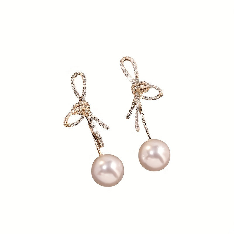 Delicate Faux Pearl Pendant Dangle Earrings - Drop & Dangle Jewelry with Shiny Zirconia, Elegant Sexy Style, and Knot Design - Perfect Gift for Women and Girls