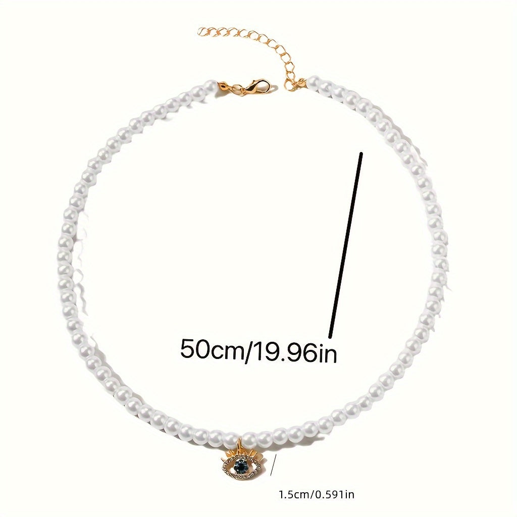 Rhinestone Decor Devil's Eye Pendant Necklace Faux Pearl Necklace Clavicle Chain Jewelry For Women Gifts