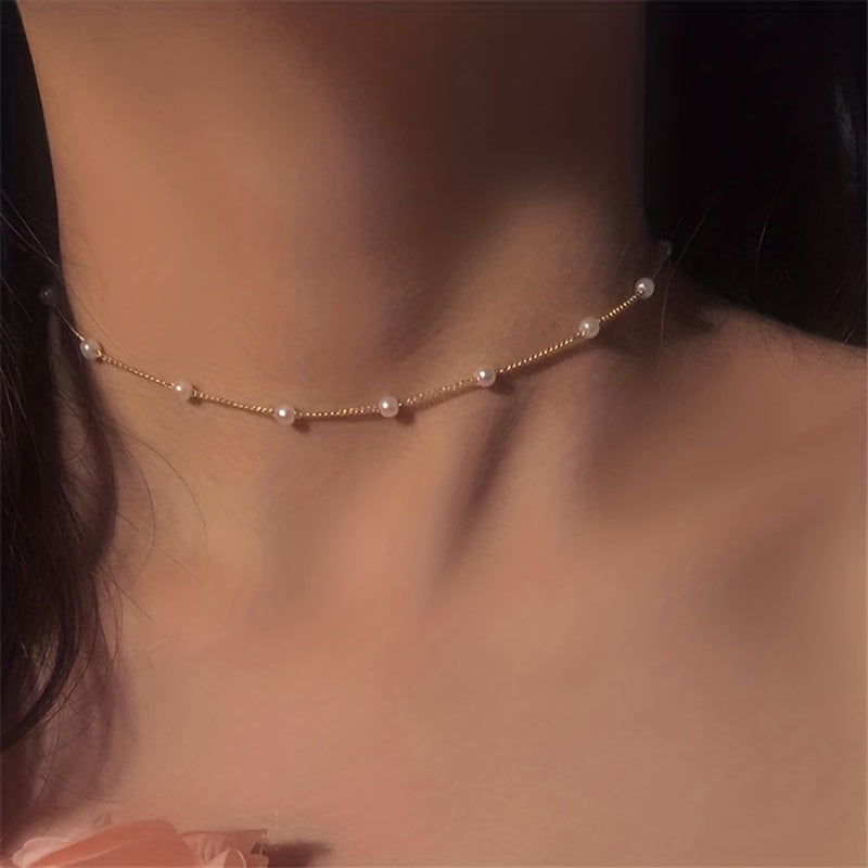 Delicate Faux Pearl Stainless Steel Clavicle Chain Collarbone Chain Neck Jewelry